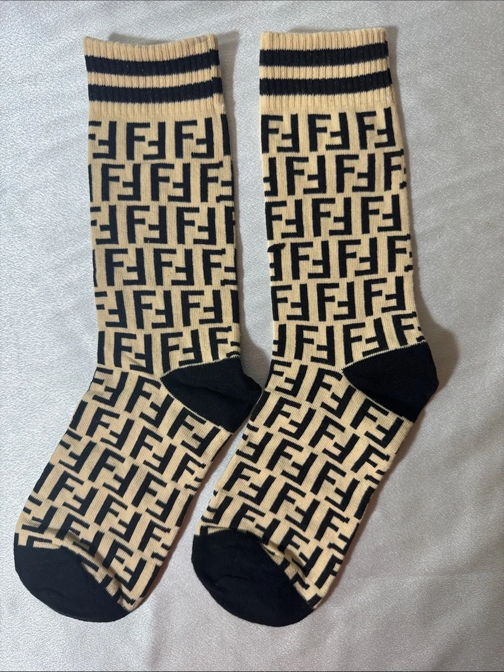 New! Fendi Beige and Black FF Logo Crew Socks